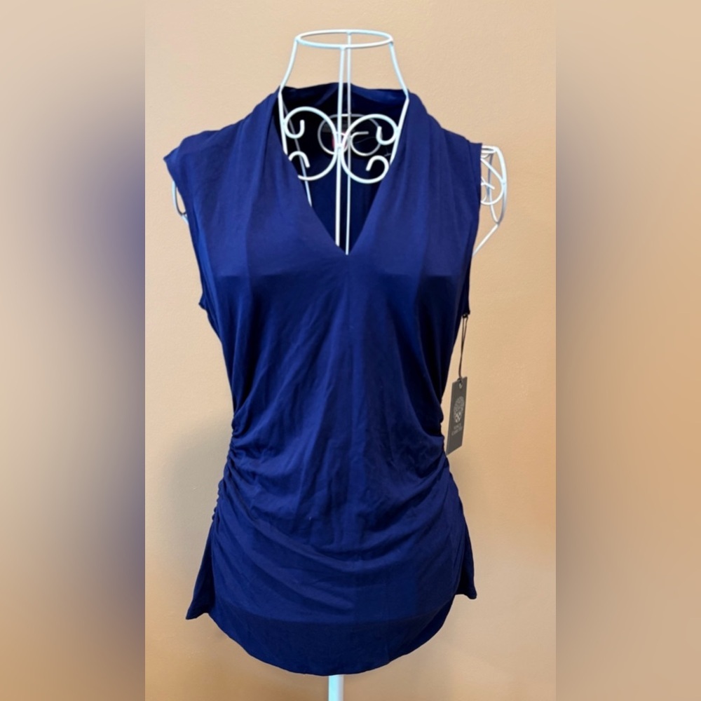 Vince Camuto Sleeveless V Neck Ruched Top Navy NWT M